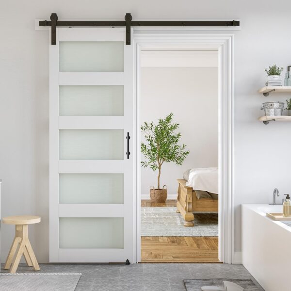 SmartStandard 32 x 84 in Glass Barn Door with 6FT Sliding Hardware Kit & Handle, Pre-Drilled Ready to Assemble, Waterproof PVC Coating, White, 5-Panel Glass