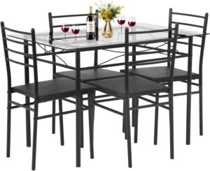 FDW Classic Dining Table Set 5 Piece,Metal Frame Glass Top Table and 4 Rectangular Modern Chairs Set,Suitable Small Space Kitchen Table Set for 4,Black