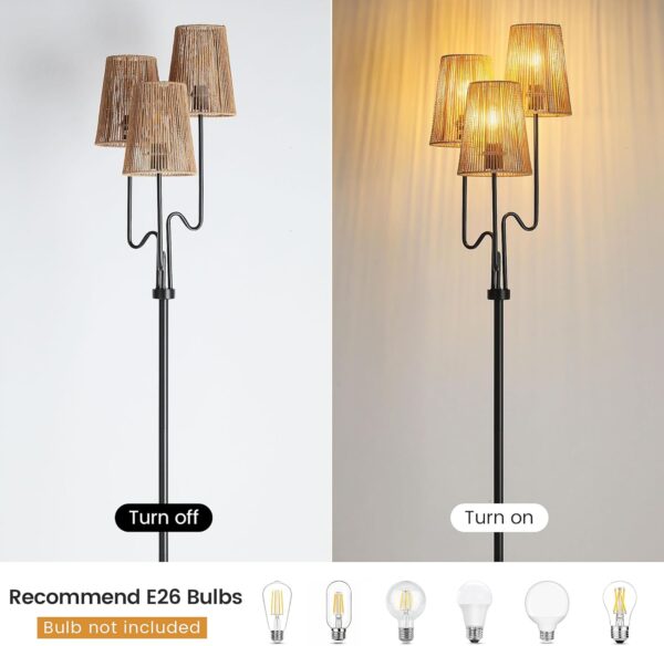 Boho Floor Lamp, 68in. Rattan Floor Lamp with Rattan Shade,3 Light Tree Standing Lamp for Bedroom,Nursery,E26 Socket, Living Room Floor Lamp for Rustic,Coastal, Beach or Bohemian Decor (Black)