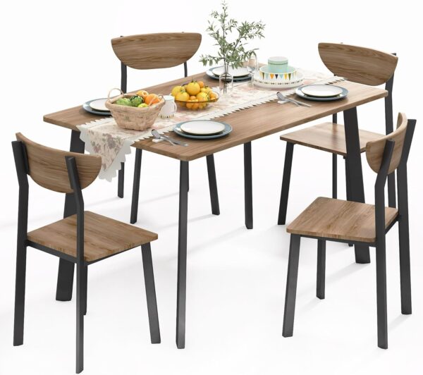 Kitchen Dining Table Set for 4, Modern Rectangular 5 Piece Dining Room Table and Chairs Set, Brown Wooden Metal Table Set for Family Dinner, Party, Afternoon Tea and Work (Curved Moon)