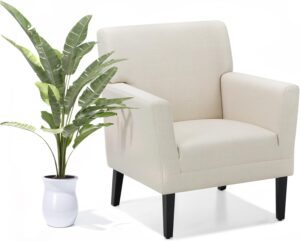 COLAMY Accent Chair, Modern Linen Accent Barrel Chair with Solid Rubberwood Legs, Comfy and Soft Armchair for Living Room, Bedroom, Reception Room, Office, Beige