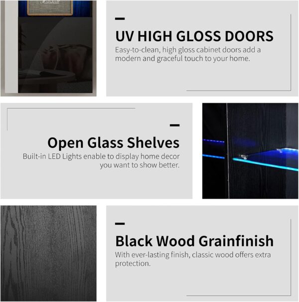 AMERLIFE Wall Storage Cabinets with LED Lights, Modern High Gloss Hanging Cabinets with 4 Closed Doors & Open Glass Shelves, for Living Room/Bedroom/Office, Black(Set of 2)