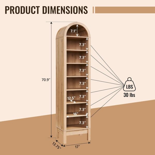 71" Tall Arched Bathroom Storage Cabinet, 8-Tier Modern Farmhouse Storage Cabinet with Adjustable Shelves, Wood Freestanding Cabinet for Bathroom, Living Room, Entryway, Hallway (Natural)