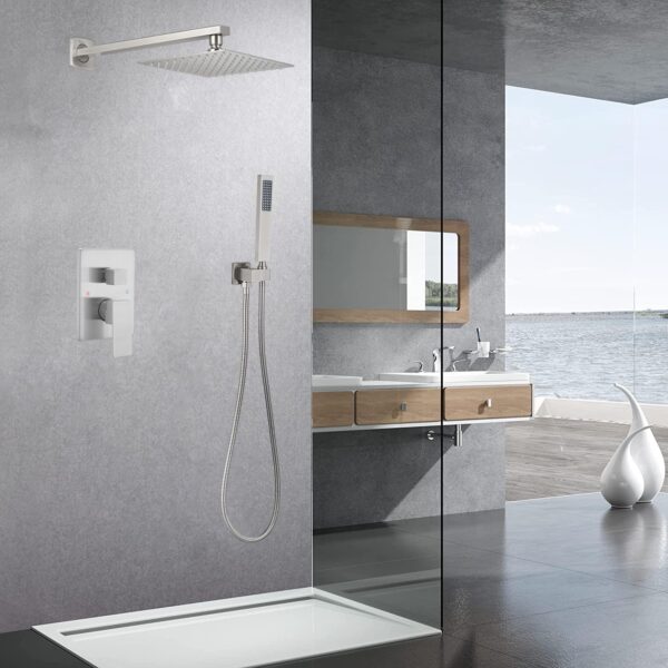 71QSP75XNhL._AC_SL1500_.jpg Brushed Nickel Shower System Brass Bathroom Luxury Rain Mixer Shower Combo Set Wall Mounted Rainfall Shower Head System Shower Faucet Rough-in Valve Body and Trim Included