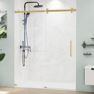 56-60" W x 75" H Frameless Sliding Shower Door, 5/16"(8mm) Clear SGCC Tempered Glass Shower Door Easy Cleaning, Gold Shower Door Designed for Smooth Silding, Easy Installation for Bathroom