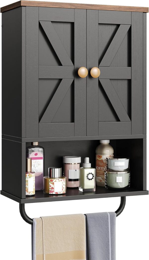 Bathroom Wall Cabinet, Medicine Cabinet with Open Partition and Towel Bar, Rustic Storage Cabinet with Open and Hidden Storage Space, for Bathroom, Living Room, Kitchen, Black and Walnut