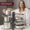 GeekDigg Adjustable Pots and Pans Organizer - 8 Tier Versatile Kitchen Pot Rack for Counter and Cabinet - Easy Setup, 3 DIY Installation Ways, Accommodates 8+ Pots and Pans - Space-Saving Black Design