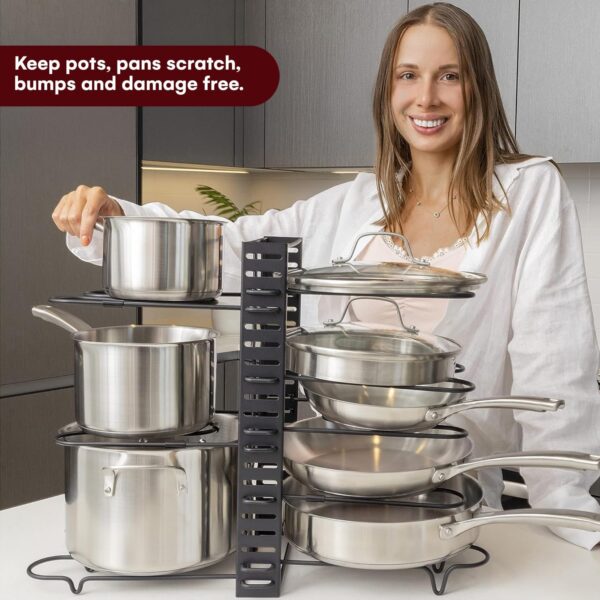 GeekDigg Adjustable Pots and Pans Organizer - 8 Tier Versatile Kitchen Pot Rack for Counter and Cabinet - Easy Setup, 3 DIY Installation Ways, Accommodates 8+ Pots and Pans - Space-Saving Black Design