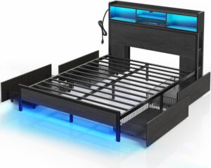 Rolanstar Full Bed Frame with Storage Headboard, Metal Platform Bed with Charging Station, LED, 4 Drawers, Bookcase Storage, No Box Spring Needed, Easy Assembly, Noise-Free, Black