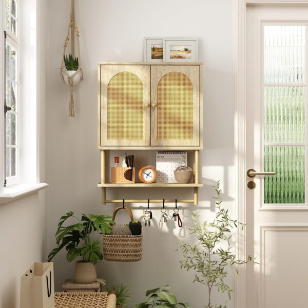 RUSTOWN Rattan Bathroom Wall Cabinet, Modern Boho Medicine Cabinet with Two Arched Rattan Doors, Over The Toilet Storage Cabinet with Adjustable Shelf and Towel Bar for Bathroom (Natural,Medium)