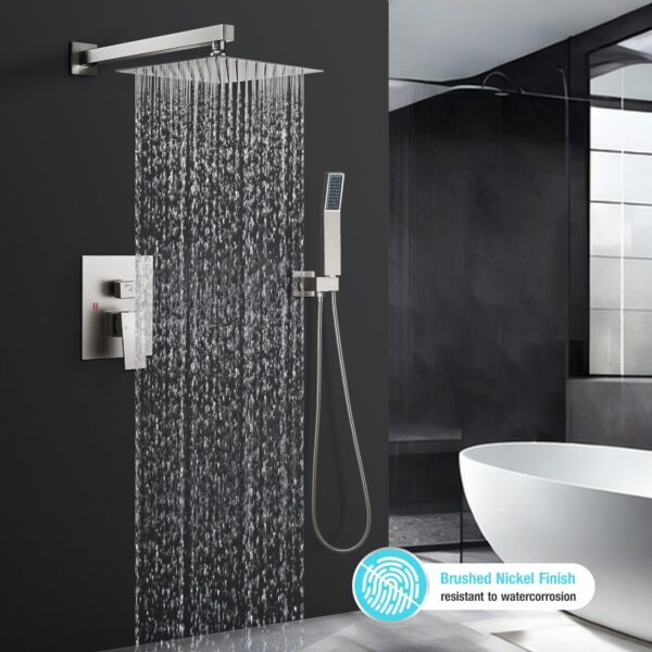 HGN 10 Inches Bathroom Rain Shower Combo Set Wall Mounted Rainfall Brushed Nickel Shower Head System Rough-in Valve Body and Trim Included