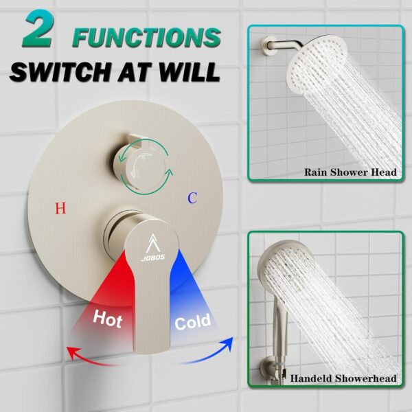 Shower Faucet Set 8IN Brass Rough-In Valve Body Trim Kit Rainfall Included Handle Accessories Complete 2 Functions with Rain Head and Handheld Bathroom Systems (8'', Brushed Nickel)