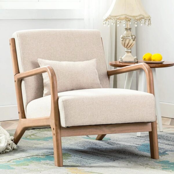 ANJHOME Mid Century Modern Accent Chair, Comfy Fabric Living Room Chairs with Solid Wood Frame, Lounge Reading Armchair, Easy Assembly, Beige