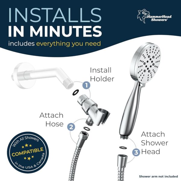 HammerHead Showers® ALL METAL 3-Spray Handheld Shower Head with Long Hose and Holder - CHROME - 2.5 GPM High Pressure Shower Head with Handheld Sprayer - WIDE, MASSAGE, and MIST Sprays