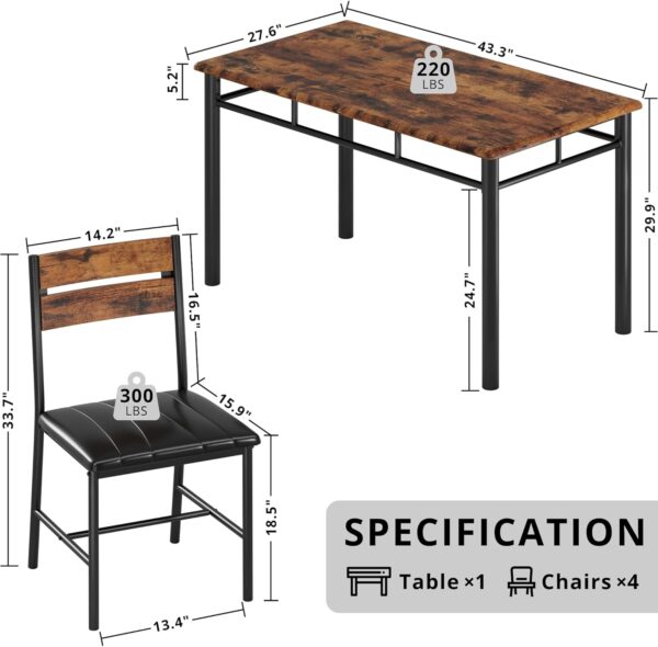 IRONCK Dining Table Set for 4, Wood Kitchen Table with Upholstered Chairs Dinning Table Set for Kitchen & Dining Room, Compact Dining Set for Small Spaces, Rustic Brown