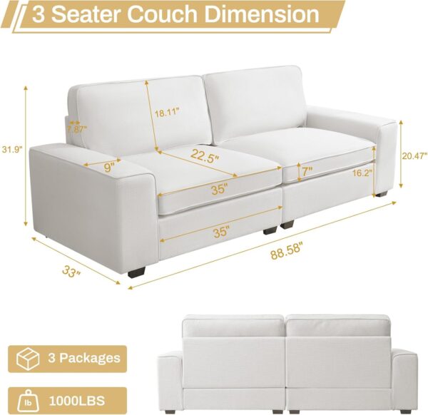 88.58" Modern Sofas for Living Room Linen Breathable Loveseat Sofas & Couches with Square Wide Armrest and Removable Sofa Cushion Off-White
