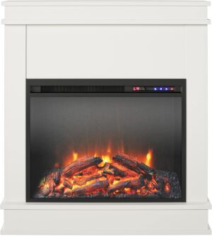 Ameriwood Home Mateo 30 Inch Electric Fireplace with Mantel, Replaceable Fireplace Insert Heater, Freestanding, Remote Control, Timer, Realistic Log and Flame Effect, White