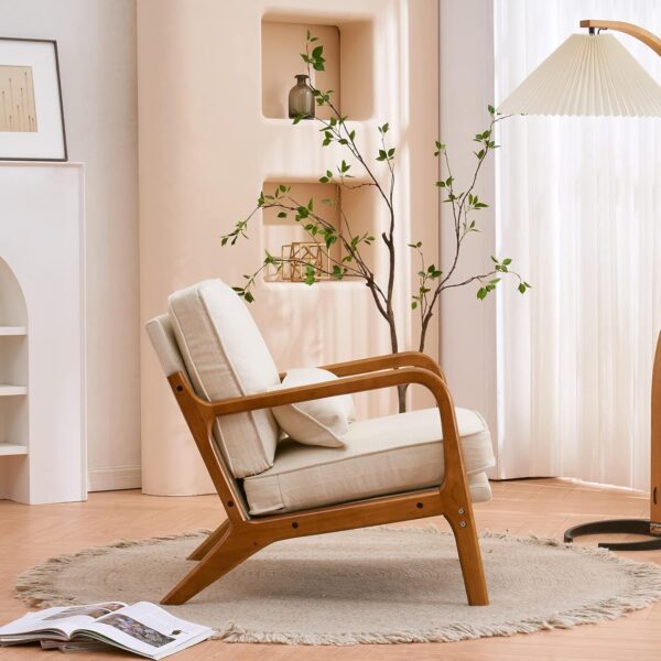 Karl home Accent Chair Mid-Century Modern Chair with Pillow Upholstered Lounge Arm Chair with Solid Wood Frame & Soft Cushion for Living Room, Bedroom, Balcony, Linen Beige (Low Back)