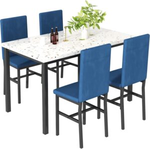 MIERES Dining Table Set for 4, 5 Piece Faux Marble Dining Room Table Set, Kitchen Table and Chairs Set of 4, Modern Dinner Room Table with 4 Upholstered Velvet Chairs for Small Spaces, Apartment, Blue