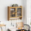 Farmhouse Medicine Cabinet with Glass Doors, Wood Wall Storage Cabinet, Rustic Bathroom Cabinet with 3-Tier Shelves and Towel Bar for Bathroom Kitchen Living Room (Light Walnut)