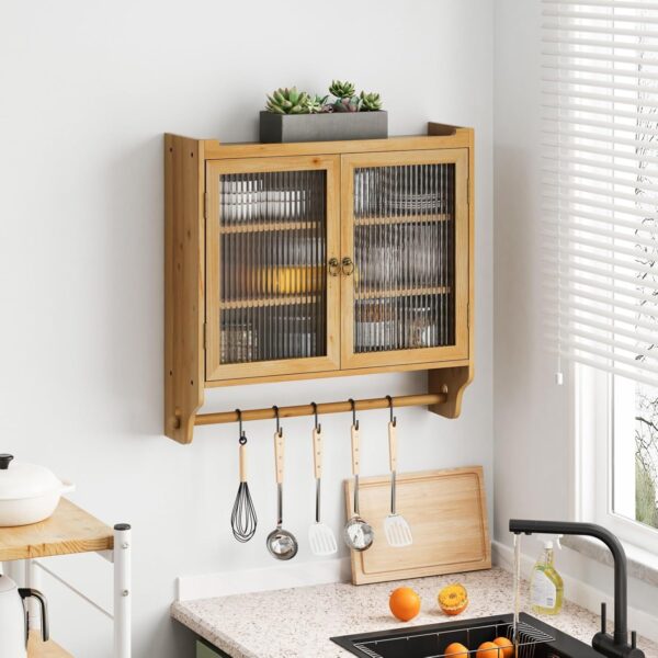 Farmhouse Medicine Cabinet with Glass Doors, Wood Wall Storage Cabinet, Rustic Bathroom Cabinet with 3-Tier Shelves and Towel Bar for Bathroom Kitchen Living Room (Light Walnut)