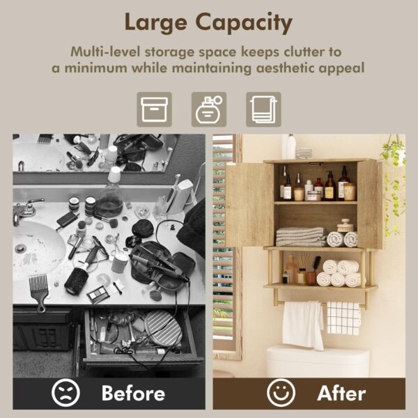 RUSTOWN Rattan Bathroom Wall Cabinet, Modern Boho Medicine Cabinet with Two Arched Rattan Doors, Over The Toilet Storage Cabinet with Adjustable Shelf and Towel Bar for Bathroom (Natural,Medium)