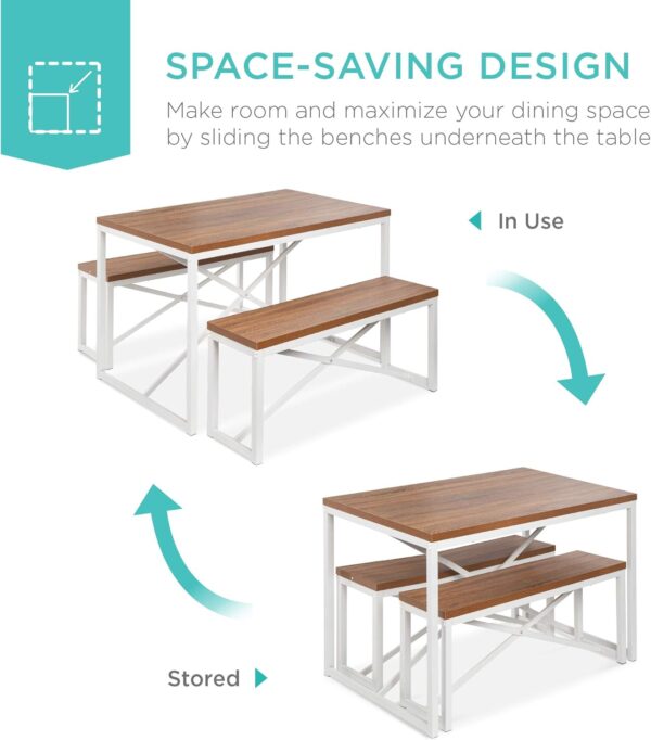 Best Choice Products 45.5in 3-Piece Bench Style Dining Furniture Set, 4-Person Space-Saving Dinette for Kitchen, Dining Room w/ 2 Benches, Table - Brown/White