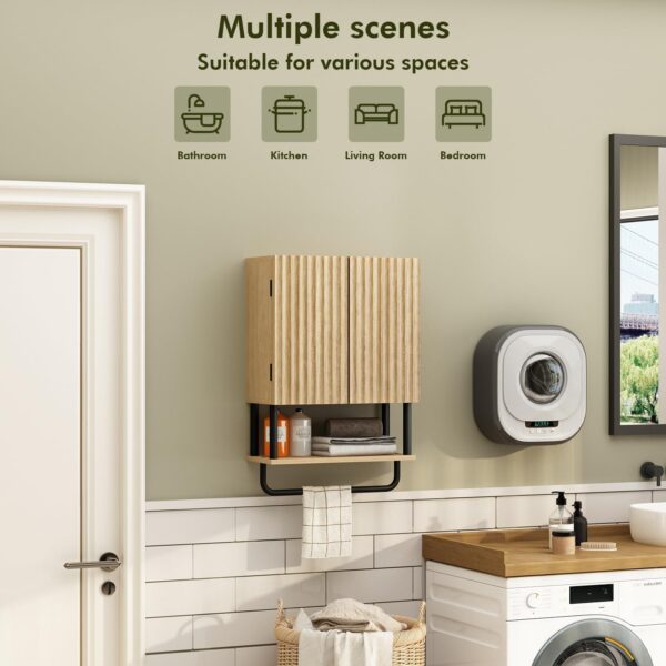 RUSTOWN Fluted Bathroom Wall Cabinet with 2 Doors, 3-Tier Modern Farmhouse Medicine Cabinet, Over The Toilet Storage Cabinet with Adjustable Shelf and Towel Bar(Natural, Small)