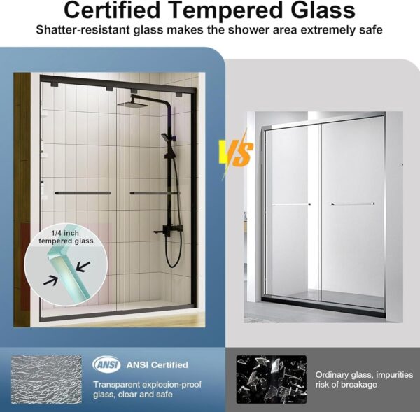 56-60”W x 76" H New Upgraded Single Sliding Semi-Frameless Shower Door, Semi-Frameless Shower Door with Explosion-Proof Film and Nano Coating, 1/4” (6MM) SGCC Tempered Glass, Matte Black Finish