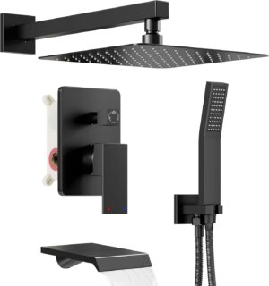 Shower System with Tub Spout, All Metal Tub Shower Faucet Set with 10'' Rain shower heads and handheld spray combo,Wall Mounted Tub Shower Systems with Valve and Trim Kit, Matte Black