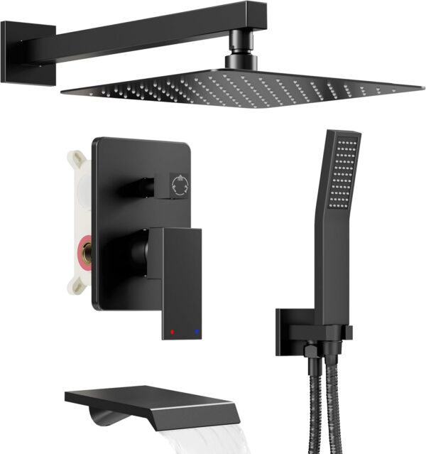 Shower System with Tub Spout, All Metal Tub Shower Faucet Set with 10'' Rain shower heads and handheld spray combo,Wall Mounted Tub Shower Systems with Valve and Trim Kit, Matte Black