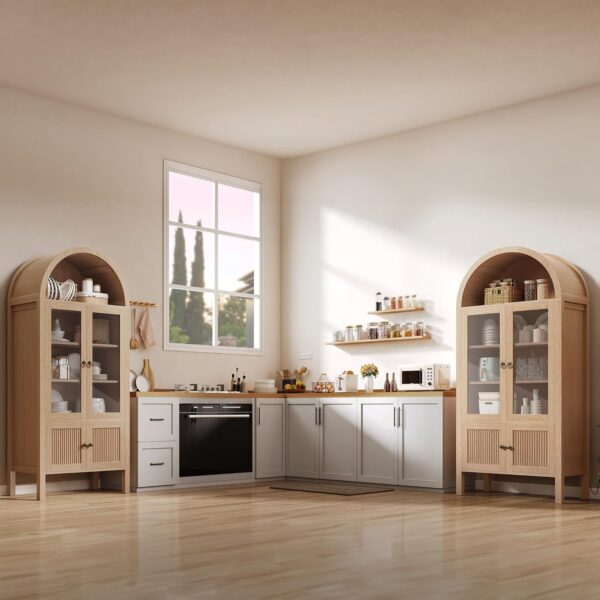 DWVO 71" Tall Arched Cabinet Kitchen Pantry with LED Light/Wood Kitchen Storage Cabinets with Tempered Glass Doors and Adjustable Shelves/Bookcase Cabinet with Storage for Kitchen, Dining- Natrual