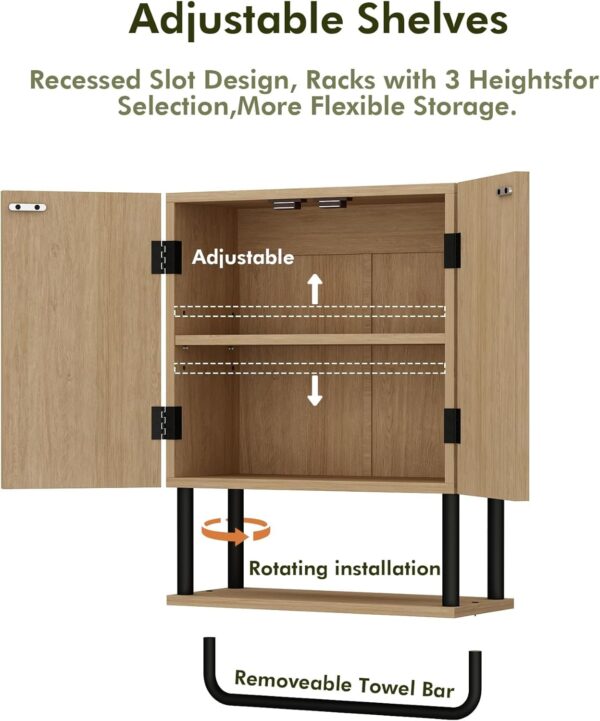 RUSTOWN Fluted Bathroom Wall Cabinet with 2 Doors, 3-Tier Modern Farmhouse Medicine Cabinet, Over The Toilet Storage Cabinet with Adjustable Shelf and Towel Bar(Natural, Small)