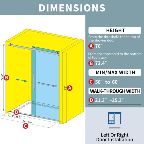 56-60" W x 76" H Frameless Single Sliding Shower Door, Frameless Shower Door, Shower Glass Door with 5/16" (8mm) Clear SGCC Tempered Glass, Stainless Steel Hardware (Gold)