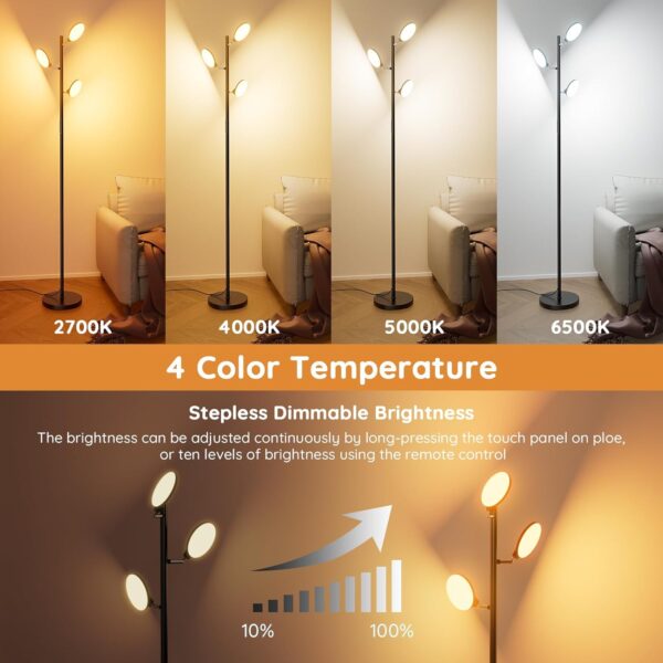 bedee LED Floor Lamp for Living Room: 30W Dimmable Standing Light with 4 Color Temperature, 3 Rotatable LED Tree Floor Lamp with Remote and Touch Control for Bedroom Office Lighting