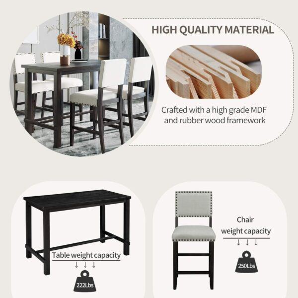 Merax 5 Piece Dining Table Set for 4,Counter Height Kitchen Table Set with One Rectangle Table and 4 Cushioned Chairs for 4 Persons Dining Room Table Set for Small Place