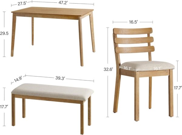 4-Piece Farmhouse Dining Set, Wooden Table with 2 Chairs, Bench Seat, Mid-Century Modern Wooden Table & Upholstered Chair Set for Home, Kitchen, Dining Room, Solidwood Legs