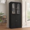 71" Tall Kitchen Pantry Cabinet, Kitchen Storage Cabinet with Glass Doors and Adjustable Shelves, Wood Food Pantry Cabinet, Freestanding Cupboard for Kitchen, Dining Room, Black