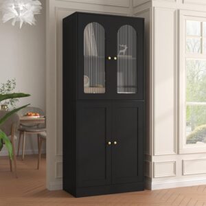 71" Tall Kitchen Pantry Cabinet, Kitchen Storage Cabinet with Glass Doors and Adjustable Shelves, Wood Food Pantry Cabinet, Freestanding Cupboard for Kitchen, Dining Room, Black