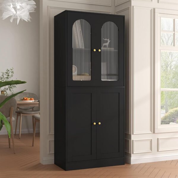 71" Tall Kitchen Pantry Cabinet, Kitchen Storage Cabinet with Glass Doors and Adjustable Shelves, Wood Food Pantry Cabinet, Freestanding Cupboard for Kitchen, Dining Room, Black