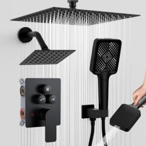 Shower Faucet Set, 12" Ceiling Mount Rainfall Shower System with 2 Rain Shower Head and Multi-function Handheld Head Push Button Diverter Shower Faucet Trim Kit (12", Matte Black)