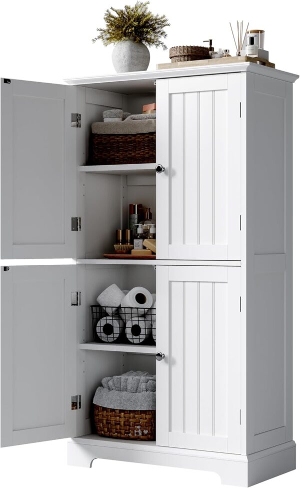 ChooChoo Bathroom Floor Cabinet, Modern Bathroom Storage Cabinet with 4 Doors and Adjustable Shelves, Freestanding Cupboard for Bathroom, Living Room, White