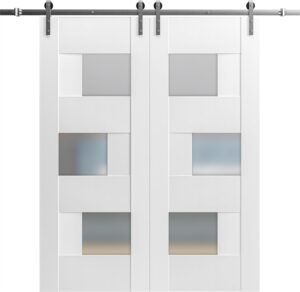 VDOMDOORS Modern Double Barn Door 48 x 96 inches with Opaque Glass/Sete 6933 White Silk/Stainless Steel 13 feet Rail Track Set/Solid Panel Interior Doors
