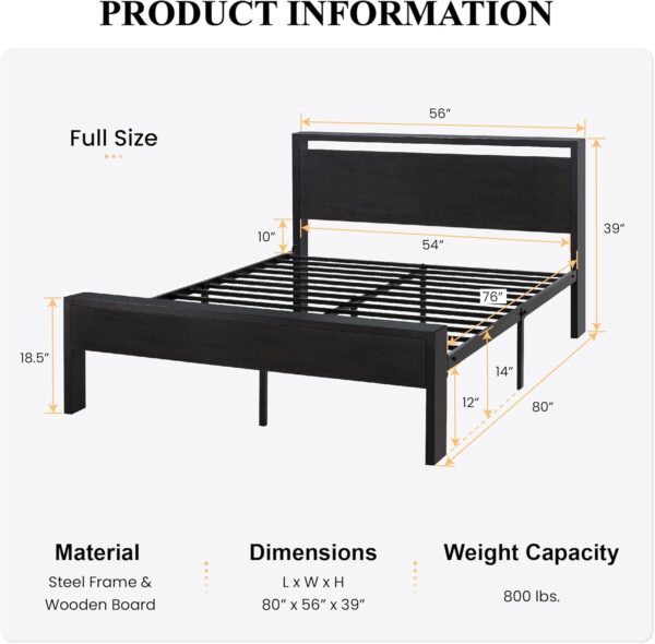 SHA CERLIN 14 Inch Full Size Metal Platform Bed Frame with Wooden Headboard and Footboard, Mattress Foundation, No Box Spring Needed, Large Under Bed Storage, Non-Slip Without Noise, Black Oak