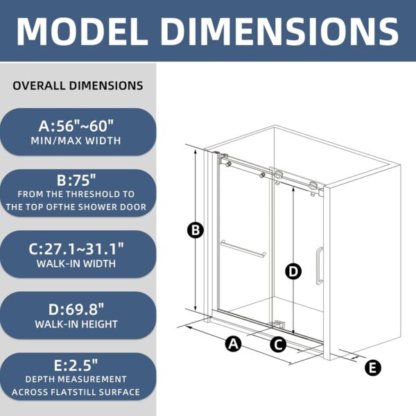 Semi-Framed 60’’W×75’’H Shower Door Bathroom Door Single Sliding Shower Door, SGCC Clear Tempered Glass, Stainless Steel Handle, 4-Inch Adjustable Width, Brushed Nickel