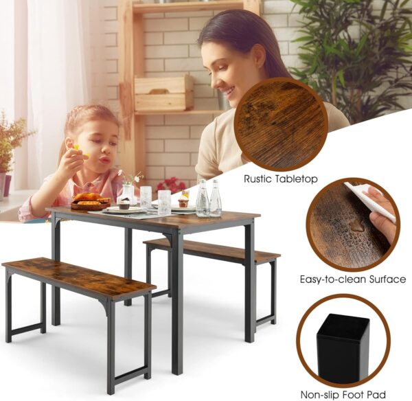 Moccha Dining Table Set for 4, 3-Piece Modern Breakfast Table Set with 2 Benches & Metal Frame, 43.5" Wood Kitchen Table Set, Space-Saving Dinette Set for Small Spaces, Dining Room, Rustic Brown