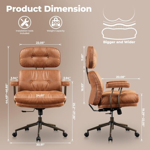 ovios Ergonomic Home Office Chair, Mid-Century Modern Leather Chair with Lumbar Support, High Back Swivel Rolling Executive Chair with Comfy Thick Cushion (Brown, Suede Leather)