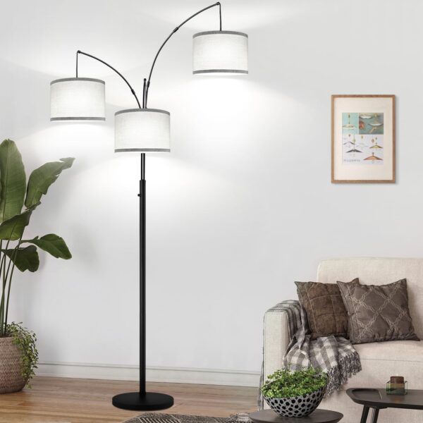 Dimmable Floor Lamp, 3 Lights Arc Floor Lamps for Living Room, Modern Tall Standing Tree Lamp with Gray Linen Shade & Heavy Base, Large Floor Lamp for Bedroom Office, 3x1000 LM LED Bulbs Included