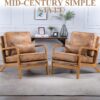 2 PCS Mid Century Modern Chair with Pillow Upholstered Lounge, Reading Chair with Soft Cushion and Solid Wood Arm Chair, Vintage Accent Leisure Recliner with Back for Living Room, Bedroom, Brown