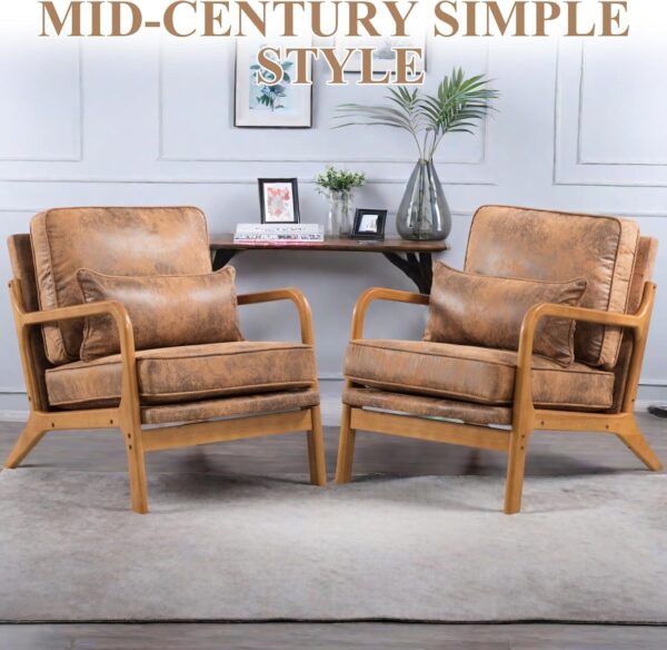 2 PCS Mid Century Modern Chair with Pillow Upholstered Lounge, Reading Chair with Soft Cushion and Solid Wood Arm Chair, Vintage Accent Leisure Recliner with Back for Living Room, Bedroom, Brown
